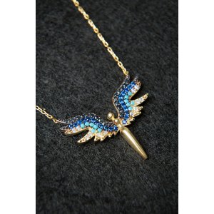 Серебряное Ожерелье 925, Модель Ангел Михаил с Синими Камнями P2225 Larin Silver - код 83677
