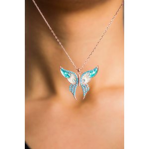 Серебряное Ожерелье 925 Модель Бабочка с Белыми И голубыми Камнями BA1509 Larin Silver - код 87794