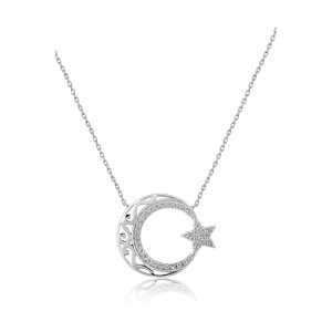 Женское Серебряное Ожерелье с Камнями Модель Луна со Звездочкой 925 Пробы UVPS100017 Larin Silver - код 91384